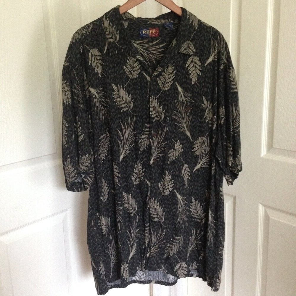 REPP LTD  100% Rayon Men’s Shirt Button Casual Black Tan Beige Hawaiian  2XT